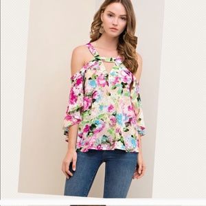 entro Floral Cold Shoulder Top Waterfall Sleeves